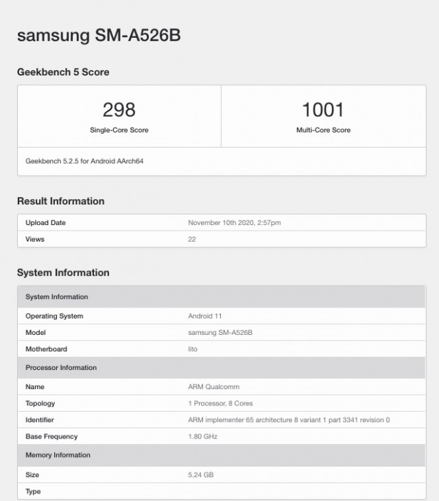 Samsung Galaxy A52 5G Geekbench scorecard
