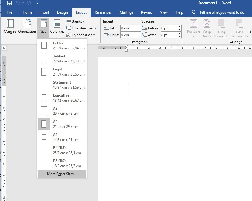 Paper Size in Microsoft Word