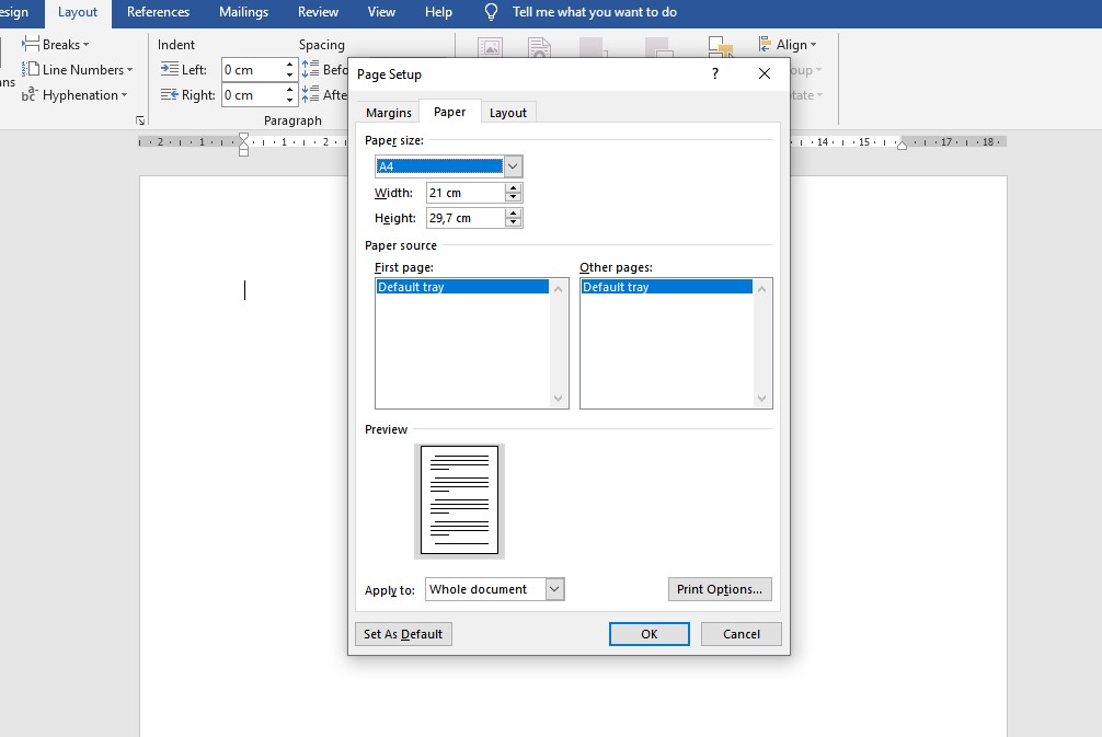 Paper Size in Microsoft Word